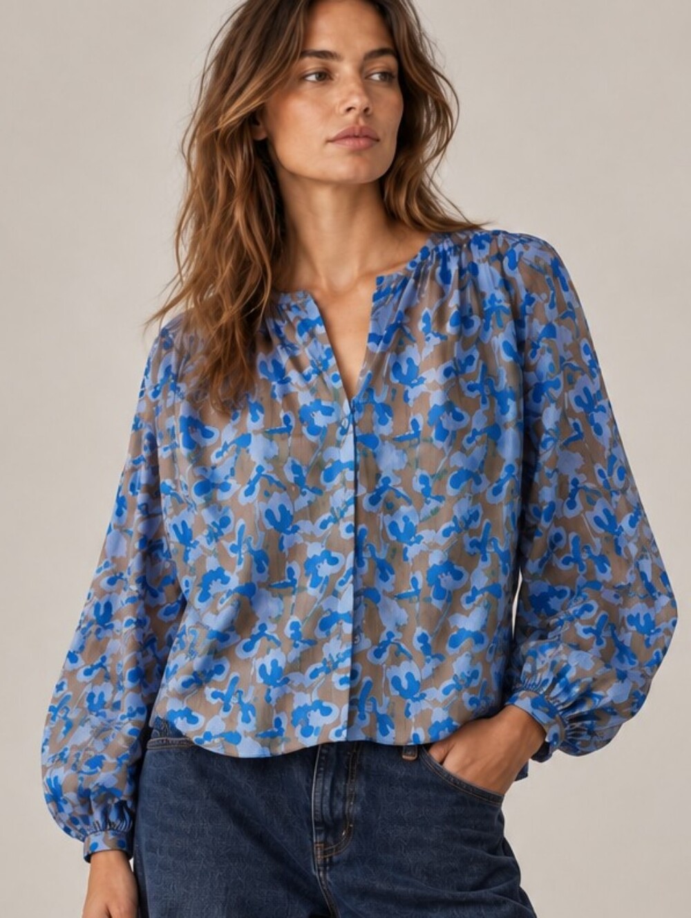 CLOSED Germany Gathered Blouse In Nutmeg & Multi Blue Balloon Sleeve Large